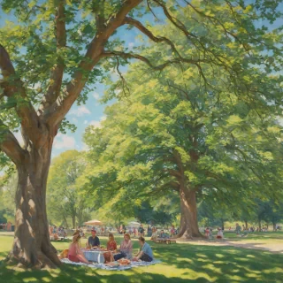 A serene and vibrant painting of a group of people having a picnic under a giant, ancient maple tree with a wide canopy, set against a clear blue sky with a few puffy white clouds, warm sunlight casting dappled shadows on the lush green grass, with a wide-angle view, in the style of impressionist oil painting