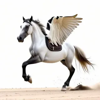 black and white horse full body galloping with wings
