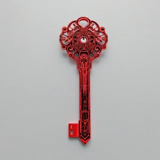 A futuristic, Afrofuturism-style key, with a vibrant red color and intricate details, on a plain white background, in a wide shot with the entire key visible, with a sense of dynamic movement and energy, as if the key is about to unlock a new dimension, with a mix of digital and traditional art elements, and a sense of glow and neon lights reflecting off the key's surface, on a plain white background, even lighting