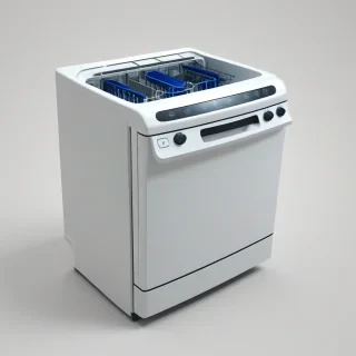 dishwasher, A cartoon-style, cottage style ,  3d vector art style with rounded features and bold lines, bright and even lighting, on a plain white background, on a plain white background, even lighting