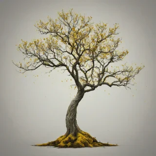 Enchanted tree, mustard, grunge, full-body view, plain white background, digital art, on a plain white background, even lighting 