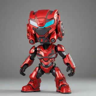 a bright red mecha suit in a funko pop style with an enlarged head, vibrant colors and bold lines on a plain white background with even lighting