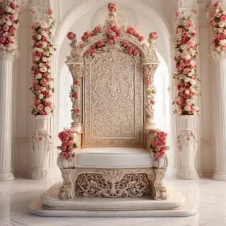 A majestic, ornate throne with intricate carvings of roses, set against a plain white background, in a wide shot with the throne centered, with a soft, warm lighting and a sense of grandeur, in the style of concept art, with bold lines and vibrant colors, full-body view of the throne, with the roses being the main focal point, in a digital art style, with a mix of realism and fantasy elements, on a plain white background, even lighting