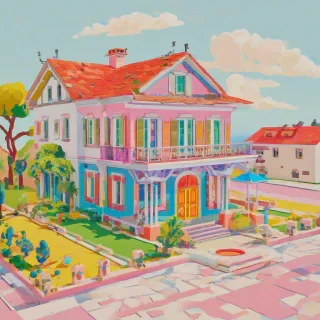 A wide shot of a house in the style of Fauvism combined with pixel art, with bold brushstrokes and vibrant colors, full-body view of the house with feet of the foundation visible, on a plain white background, digital art style, with a mix of geometric shapes and organic forms, dynamic shadows and backlight, in a bird’s eye view perspective