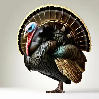 A male turkey in a wide shot with his tail feathers spread out, on a plain white background, with vibrant and detailed plumage, in a naturalistic style, with warm lighting and dynamic shadows