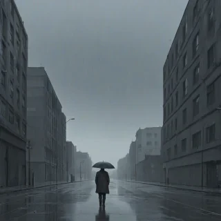 A desolate, rainy cityscape in a graphic novel style with dull colors, wide shot, full-body view of a lone figure in the distance, with muted blues and grays dominating the palette, and bold lines defining the characters and scenery, set against a plain white background