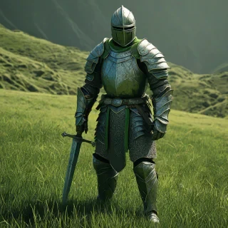 A knight made out of dirt, full-body view, standing on a hilly background, with grass engulfing its entire body, including its armor and sword, in a digital art style with vibrant  green hues, and dynamic shadows to emphasize the grassy texture, wide shot to capture the knight's majestic presence