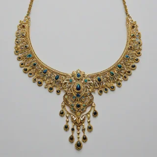 ornate gold and jeweled necklace, full-body view, on a plain white background, detailed texture, intricate patterns
