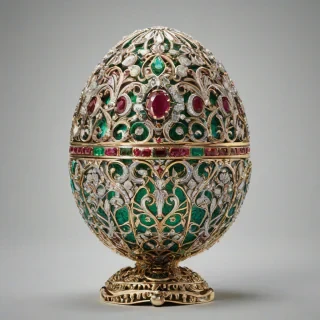 A highly detailed, ornate Fabergé egg, full-body view, with intricate gold and silver filigree, adorned with precious gems, including diamonds, rubies, and emeralds, on a plain white background, in a wide shot, with soft, warm lighting, and a slight sheen to the egg's surface, in the style of a realistic, high-end jewelry photograph, on a plain white background, even lighting