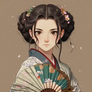 Close-up Studio Ghibli-inspired anime girl, dark braided hair with floral pins, wise brown eyes, traditional kimono, holding closed fan