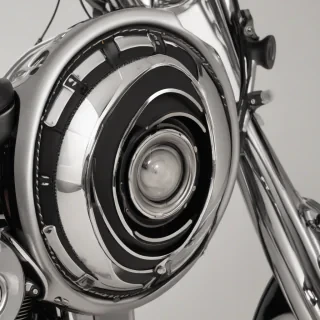 A detailed, full-body view of a Harley Davidson rear speaker pod, made of black leather and chrome, with a wide shot and feet visible, on a plain white background, in a photography style with dynamic shadows and backlight