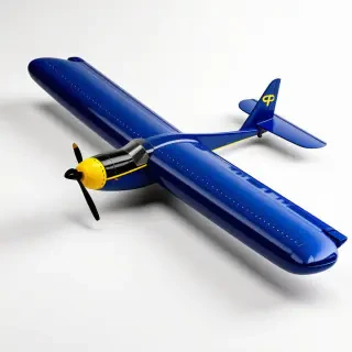 blue float airplane with yellow detail