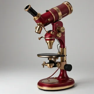 A detailed, full-body view of a unique, crimson-colored, dieselpunk-themed microscope, with brass accents and copper wiring, set against a plain white background, with a wide-angle shot and soft, warm lighting, in the style of a digital illustration, on a plain white background, even lighting 