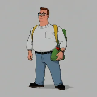 Hank Hill, a significantly overweight propane salesman from the cartoon King of the Hill, wearing his signature white shirt and jeans, and power armor resembling his clothing scheme with a propane tank on his back, standing in front of a white background with a full-body view, with a wide shot, and a friendly smile, in a digital illustration style with bold lines and vibrant colors, on a plain white background, even lighting