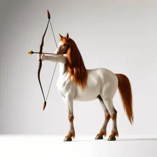 A centaur with long red hair and a bow and arrow, aiming in front of them