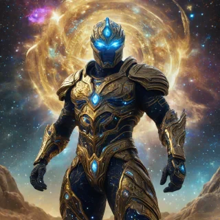 A formidable male cosmic warrior stands on a crystalline battlefield amidst a swirling, star-streaked cosmic void. His ornate golden armor, etched with pulsating celestial runes, glows with the energy of distant nebulae, illuminating his chest, arms, and legs. His fierce gaze burns with cosmic wrath, eyes like twin supernovas fixed ahead. Clutching a massive, star-forged sword with both hands, he holds it aloft, its blade shimmering with the light of a thousand suns. His form is a living tapestry of galaxies, stars, and orbiting planets, exuding divine celestial power. The sword’s radiance amplifies his majestic, universe-spanning presence.