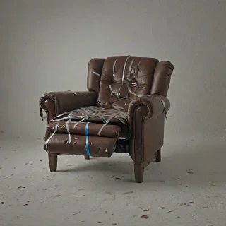 old brown, leather recliner chair, with duct tape covering holes, with rips in the leather, bright lighting,, on a plain white background, even lighting