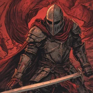 Sam Guay style, close-up valiant knight in dented, dirty, scuffed red & black bulky armor, head down, hair over eyes, dragging sword, dramatic red lighting from below