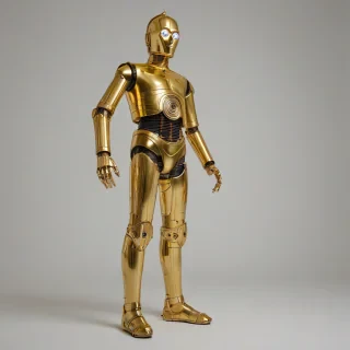 Golden C-3PO protocol droid, full-body view, plain white background, wide shot, on a plain white background, even lighting 