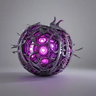 A highly detailed, full-body view of a magical artifact named Plum, set against a plain white background, with a synthwave aesthetic, incorporating vibrant, neon colors and futuristic elements, with dynamic lighting and sharp shadows, in a wide-angle shot, with the artifact's intricate details and textures prominently displayed, including its glowing, iridescent plum-colored core, and a sense of mysticism and wonder surrounding it, on a plain white background, even lighting