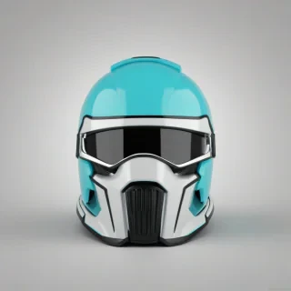 A full-body view of a cyan cartoon helmet, with a wide shot, on a plain white background, in a digital art style with bold lines and vibrant colors, with dynamic shadows and a backlight, and the helmet is facing forward with its visor visible and its straps and buckles detailed, on a plain white background, even lighting 