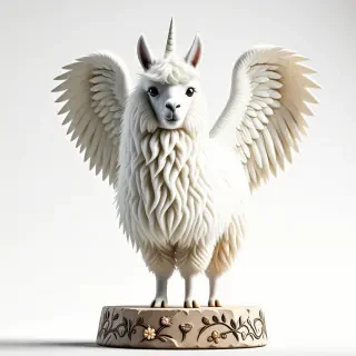A llama with fluffy and curly white fur, large angel wings, wide eyes, and a white unicorn horn standing on a stone platform engraved with images of flowers and vines