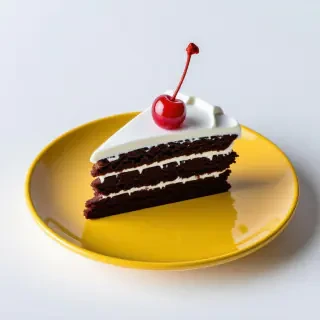 slice of chocolate cake with white icing and a cherry on top sitting on a yellow plate