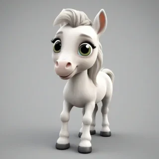 3D cartoon animation of a baby horse, bright and vivid colors, large eyes, short body, round features, cute, happy expression on its face, on a plain white background, even lighting