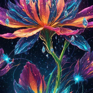 Anime sci-fi flower in space, cosmic petals with dew drops refracting neon light