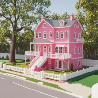 A highly detailed, full-body view, wide shot, Barbie doll house with a bright pink exterior, white picket fence, and a large tree in the front yard, on a plain white background, in a realistic style with dynamic shadows and backlight, with a crane shot perspective, and the doll house has a open front wall to show the interior, with furniture and accessories inside, in a digital art style