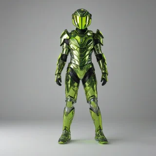 A full-body view of a futuristic, olive green, vaporwave-inspired piece of armor, with neon accents and a metallic sheen, set against a plain white background, with a wide-angle shot and dynamic shadows, in a digital art style with bold lines and vibrant colors