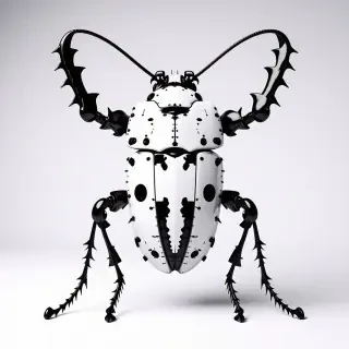 A large, white, beetle insect, with a brutalist architectural-inspired exoskeleton, full-body view, wide shot, feet visible, on a plain white background, with dynamic shadows and hard rim light, in a digital art style