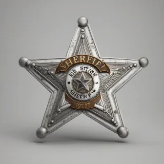 A silver star shaped sheriff badge, full-body view, on a plain white background, with a wide shot, detailed texture, in a digital art style with a slight metallic sheen, badge is centered and symmetrical, on a plain white background, even lighting 