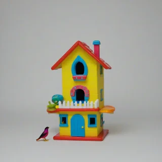 toy like brightly colored bird's house, child's toy style, only one house in image, on a plain white background, even lighting