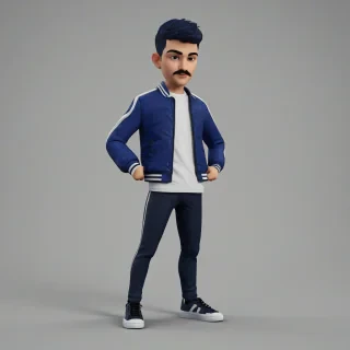 Make an 3D model about a young teen, hes medium sized, has shaped hair, uses an dark blue american jacket with white sleeves, dark blue pants and black shoes. He has an shaved mustache and his shaved hair is black., on a plain white background, even lighting