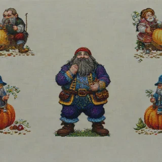 A full-body view of a stout, bearded dwarf from Snow White, in the style of cross-stitch embroidery, with vibrant colors and intricate details, set against a plain white background, with a wide shot and dynamic lighting, and a mix of satin and full stitches