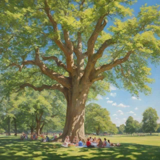 A serene and vibrant painting of a group of people having a picnic under a giant, ancient maple tree with a wide canopy, set against a clear blue sky with a few puffy white clouds, warm sunlight casting dappled shadows on the lush green grass, with a wide-angle view, in the style of impressionist oil painting