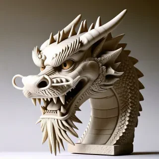 A greek style statue of a cool dragon head with a sneer as it has its head tilted up in annoyance