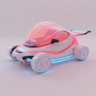 A full-body view of a sleek, futuristic transportation device, with a coral-colored, neon-lit exterior, surrounded by a misty vaporwave atmosphere, with a wide shot and feet visible, on a plain white background, in the style of a digital illustration, with dynamic shadows and a hard rim light, on a plain white background, even lighting 