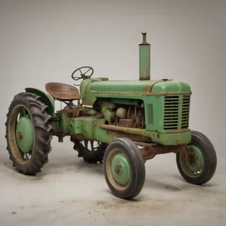 A vintage green farm tractor, full-body view, on a plain white background, with a rustic, weathered appearance, and a soft, warm lighting, in the style of a classic oil painting, on a plain white background, even lighting 