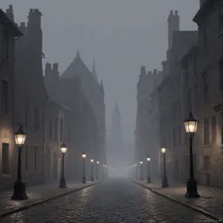 A rather dull and depressing 1800s city, with a gloomy and overcast sky, narrow cobblestone streets, old brick buildings with worn facades, and dimly lit gas lamps, in a wide shot with the entire cityscape visible, on a plain white background, digital art style, high level of detail