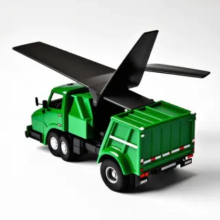 toy green trash truck with large sleek airplane wings attached to sides