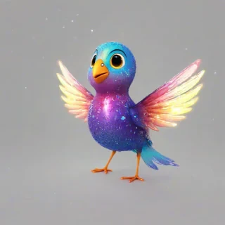 cartoon animation style, lovable, cute, brightly colored bird, short body, rounded features, sweet expression on its face, with delicate, intricately designed wings and a sparkly aura, on a plain white background, even lighting
