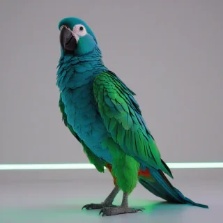 A full-body view of a blue, synthwave-inspired, neon-lit parrot, with vibrant green feathers, standing on a plain white background, with a wide-angle shot, and a retro-futuristic aesthetic, incorporating elements of 80s and 90s electronic music culture, with bold, bright colors and dynamic lighting
