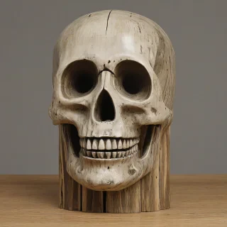 front view of polished and finished wooden sculpture of an Donald Judd style. Melancholia and grief state in swamp hell moth head skull with mouth closed and hollow eyes. Roten head figure emerging from folk base. The sculpture is carved from dark, solid, polished, aged, weathered birch by a novice artist. Wood is solid and polished and looks like very old, used and aged . The style blends elements of art deco and celtic style. Studio photo color background.