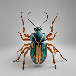 A large, tan, beetle insect, in a full-body view, with a pop art style, vibrant colors, and bold lines, on a plain white background, with dynamic shadows and a sense of movement, in a wide-angle shot, with the beetle's feet visible