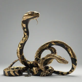 A full-body view of a biomechanical black and gold snake, with intricate mechanical details and a mix of metallic and organic textures, set against a plain white background, in a wide shot with the snake's body curled and twisted in a dynamic pose, with a blend of dark shadows and bright highlights to accentuate its mechanical features, in a digital art style with a hint of industrial and futuristic elements, on a plain white background, even lighting 