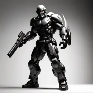 Doom guy in a dynamic combat pose with a sturdy shield attached to his forearm and a powerful shotgun in his opposite hand, matte gray plastic texture, full-body view, wide shot, feet visible, softbox lighting with subtle shadows, high-contrast colors, digital art style with bold lines and vibrant details