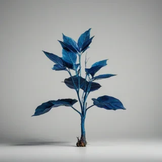 A full-body view of a vibrant, blue Sapphire plant with thick, waxy leaves and a slender stem, set against a plain white background, in an anime style with bold lines and bright, saturated colors, with dynamic shading and intricate details, wide shot with roots visible, on a plain white background, even lighting 