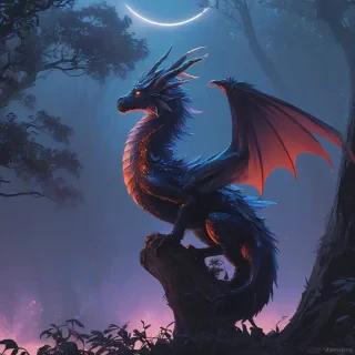 Vibrant tiny dragon, profile view, crown of horns, regal, ethereal, iridescent feathers, perched in a tree at night, misty atmosphere, magical fiery glow coming from its throat, Syd Mead and anime art styles